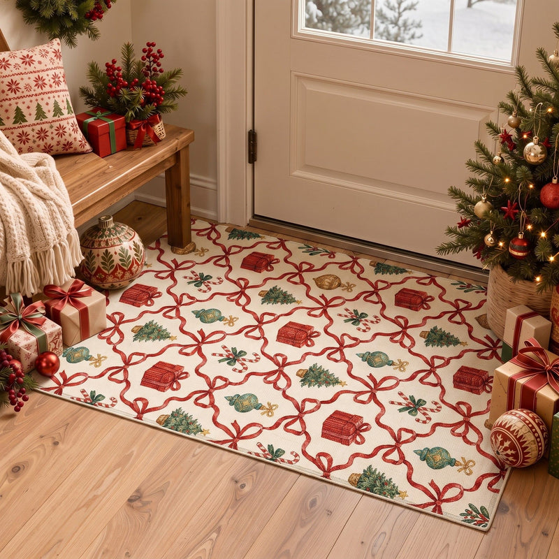 Brassa Washable Christmas Ribbon Trellis Ivory Rug 2x3 placed at a welcoming front door entryway