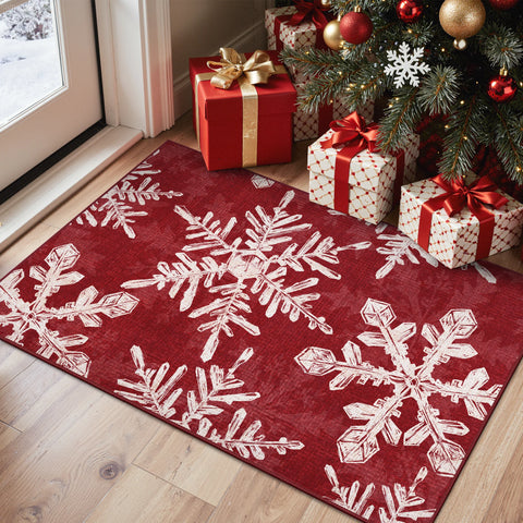 Elaria Christmas Washable Snowflake Red Belgian Velvet Rug