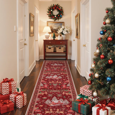 Mirrel Christmas Washable Red Rug with Winter Snow House
