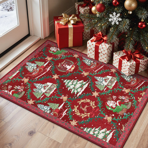 Aurora Christmas Washable Santa Sleigh and Reindeer Belgian Velvet Rug