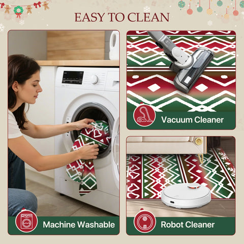 Elowen Christmas Washable Abstract Tree and Bells Green Rug