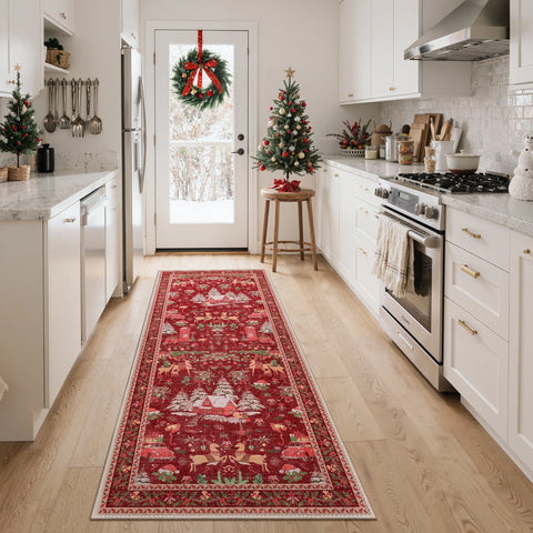 Mirrel Christmas Washable Red Rug with Winter Snow House