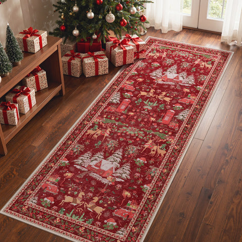 Mirrel Christmas Washable Red Rug with Winter Snow House