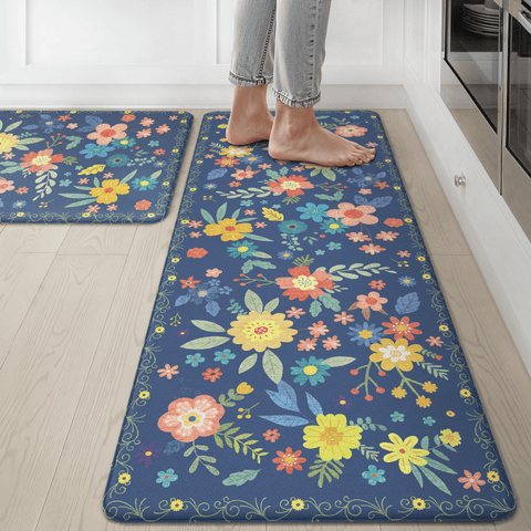 GENIMO 2Pcs Anti Fatigue Padded Kitchen Mats for Floor Floral Printed Washable Runner Rugs