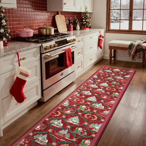 Aurora Christmas Washable Santa Sleigh and Reindeer Belgian Velvet Rug
