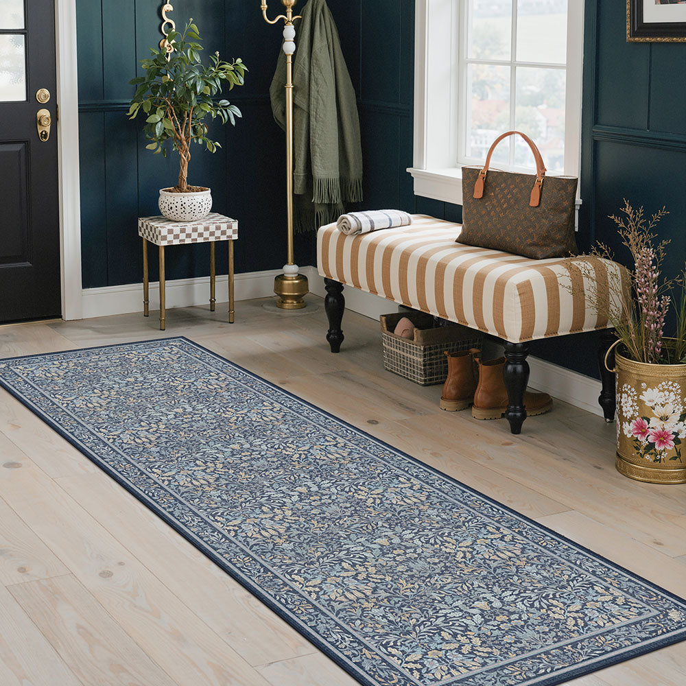 Runa Washable Vintage Floral Print Blue Rugs – GENIMO