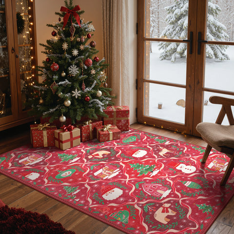 Oriana Christmas Washable Red Belgian Velvet Rug