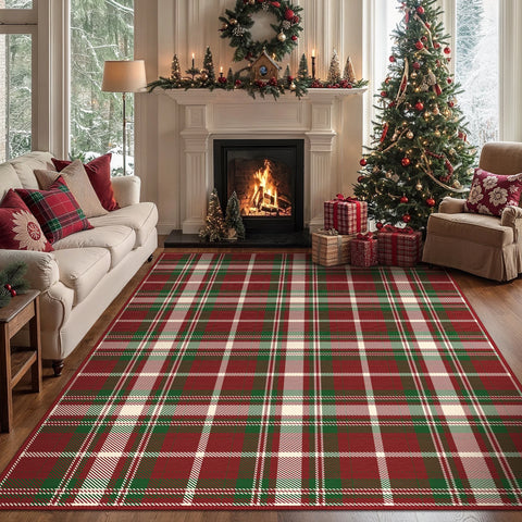 Valence Christmas Washable Classic Checkerboard Belgian Velvet Rug Green and Red