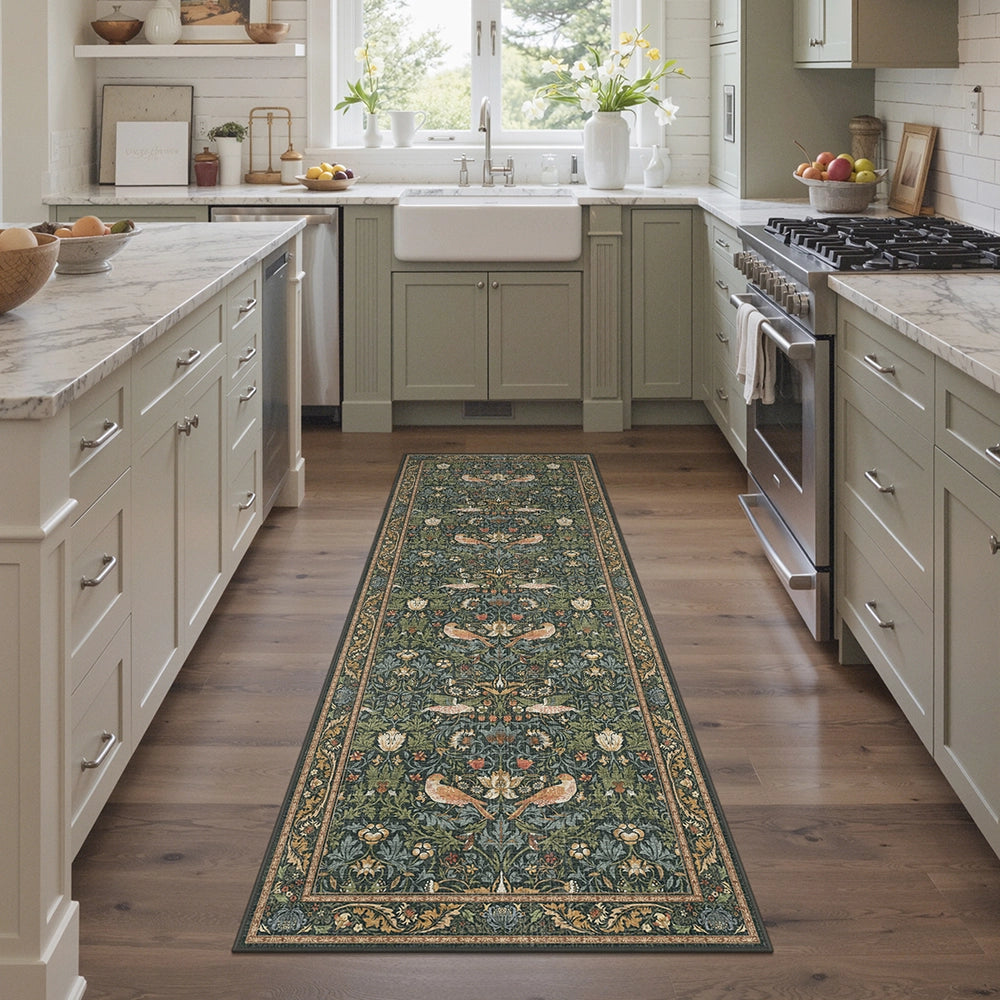 フィカス 160cm Green Life Interiors Flavira Washable Vintage Floral Bird Wool Rug Low Pile Kid & Pet