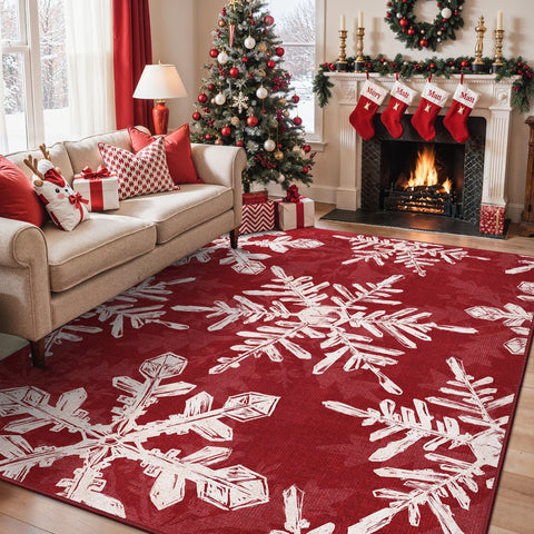 Elaria Christmas Washable Snowflake Red Belgian Velvet Rug