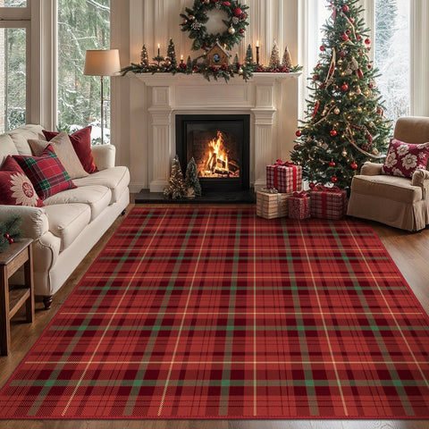 Valence Christmas Washable Classic Checkerboard Belgian Velvet Rug Red