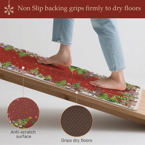 Starlit Christams Tree Padded Anti Fatique Red Kitchen Mat 2pcs