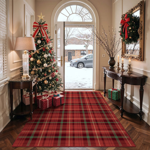 Valence Christmas Washable Classic Checkerboard Belgian Velvet Rug Red
