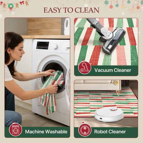 Caelum Christmas Washable Abstract Ribbon Green Rug
