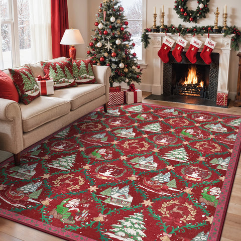 Aurora Christmas Washable Santa Sleigh and Reindeer Belgian Velvet Rug