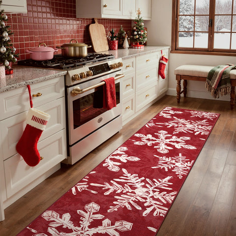 Elaria Christmas Washable Snowflake Red Belgian Velvet Rug