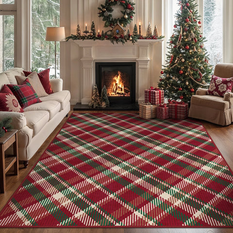 Valence Christmas Washable Classic Checkerboard Belgian Velvet Rug Colorful