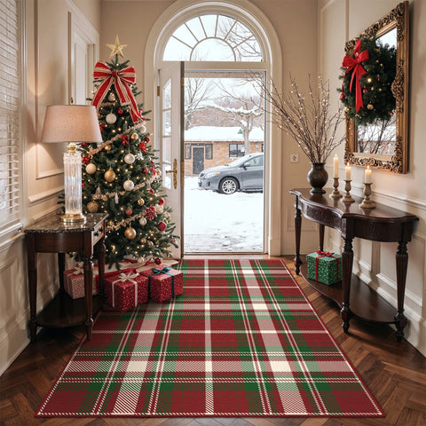 Valence Christmas Washable Classic Checkerboard Belgian Velvet Rug Green and Red