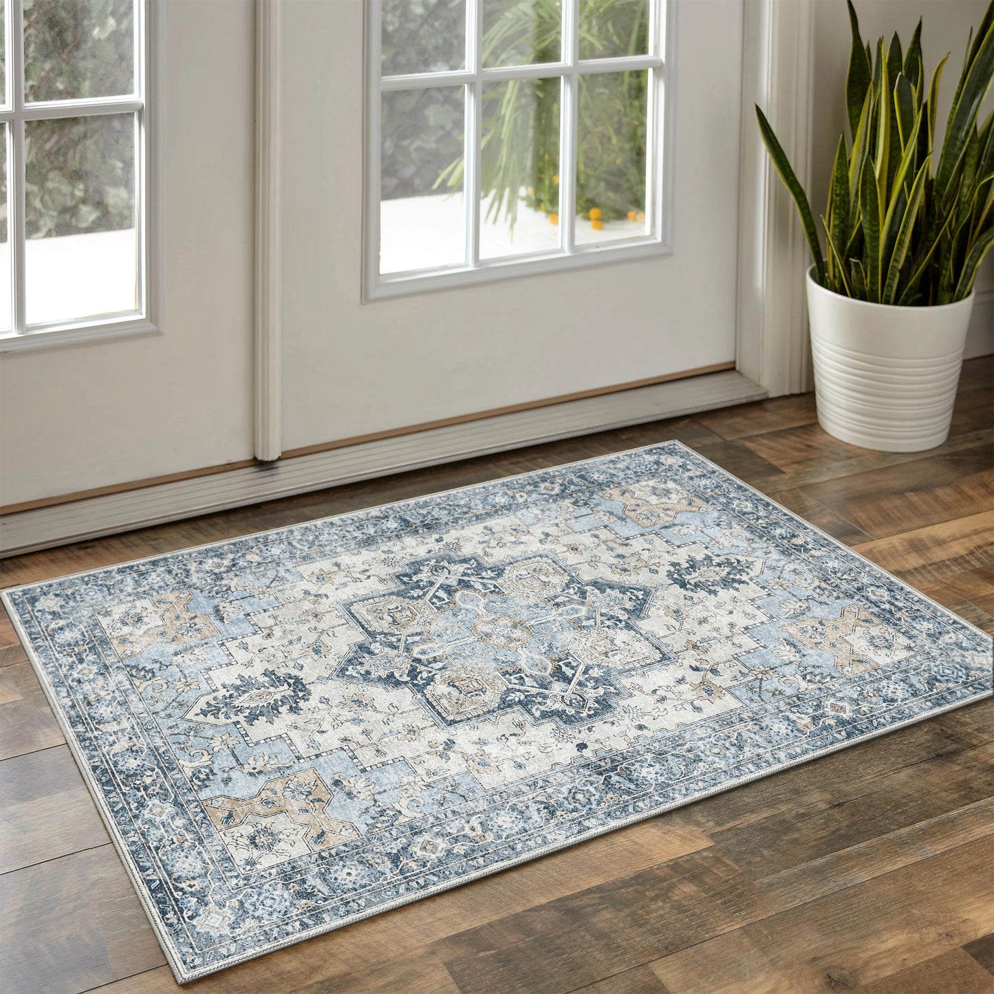 GENIMO Area Rug Machine Washable Distressed Vintage Print Blue