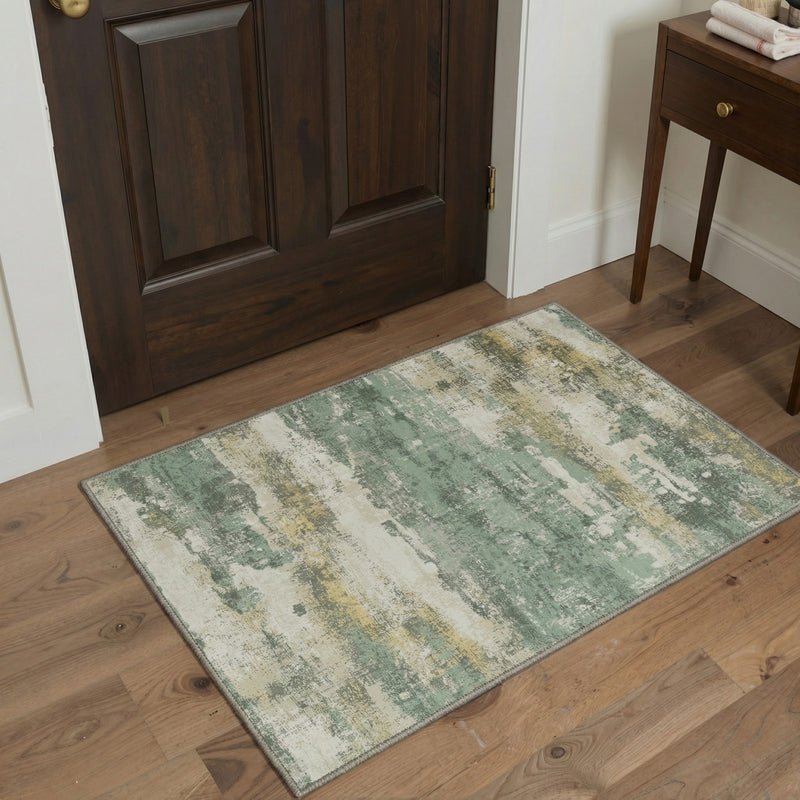 Fluxa Modern Abstract Print Soft Green Rug placed on wood flooring in an entryway with dark wooden furniture and white walls