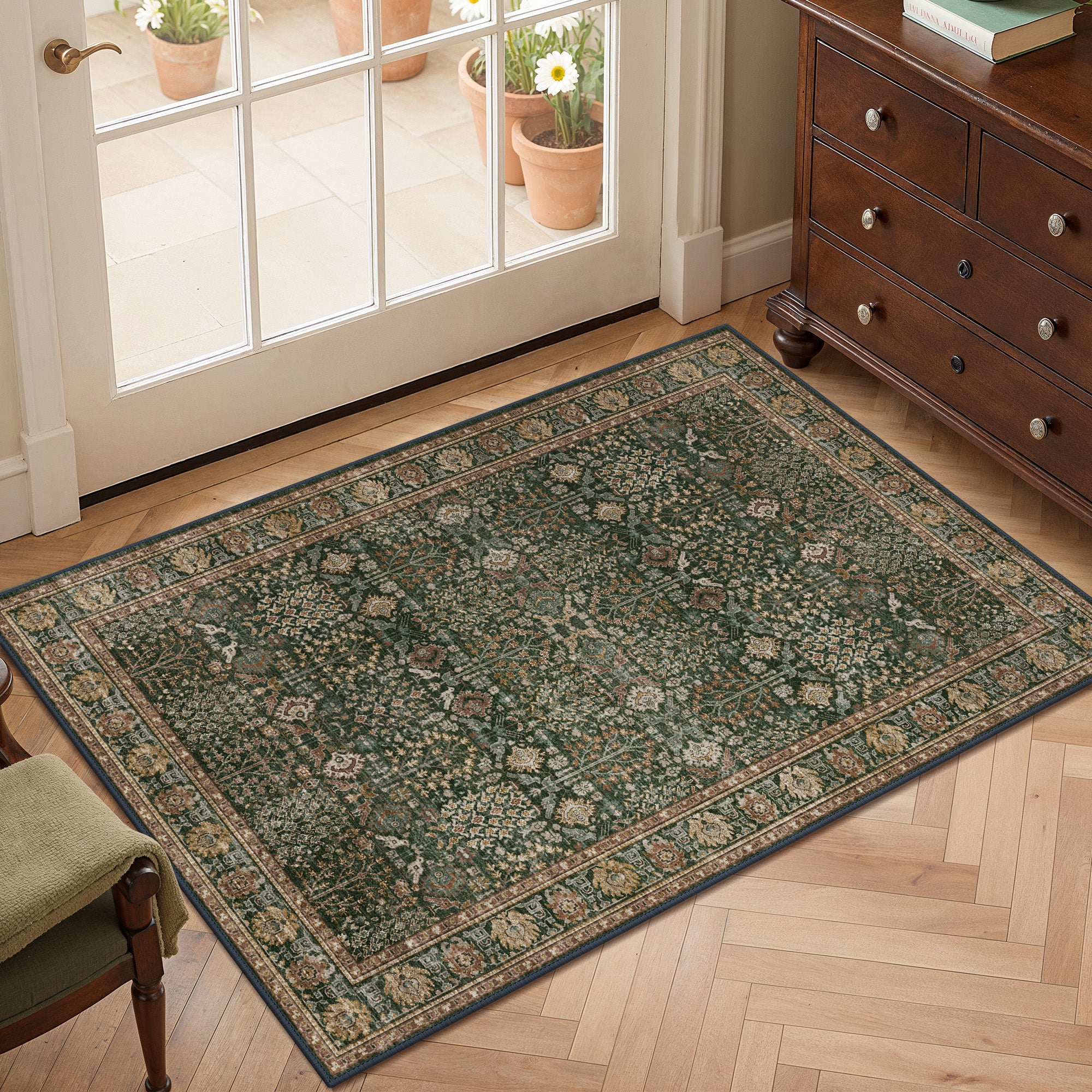 Sona Vintage Boho Floral Dark Green Rug – GENIMO