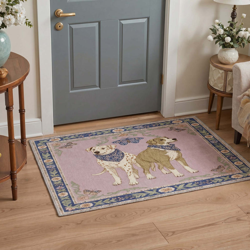 Meadow Washable Dogs Butterfly Floral Rug on wood flooring in entryway with gray door, pink field, navy border