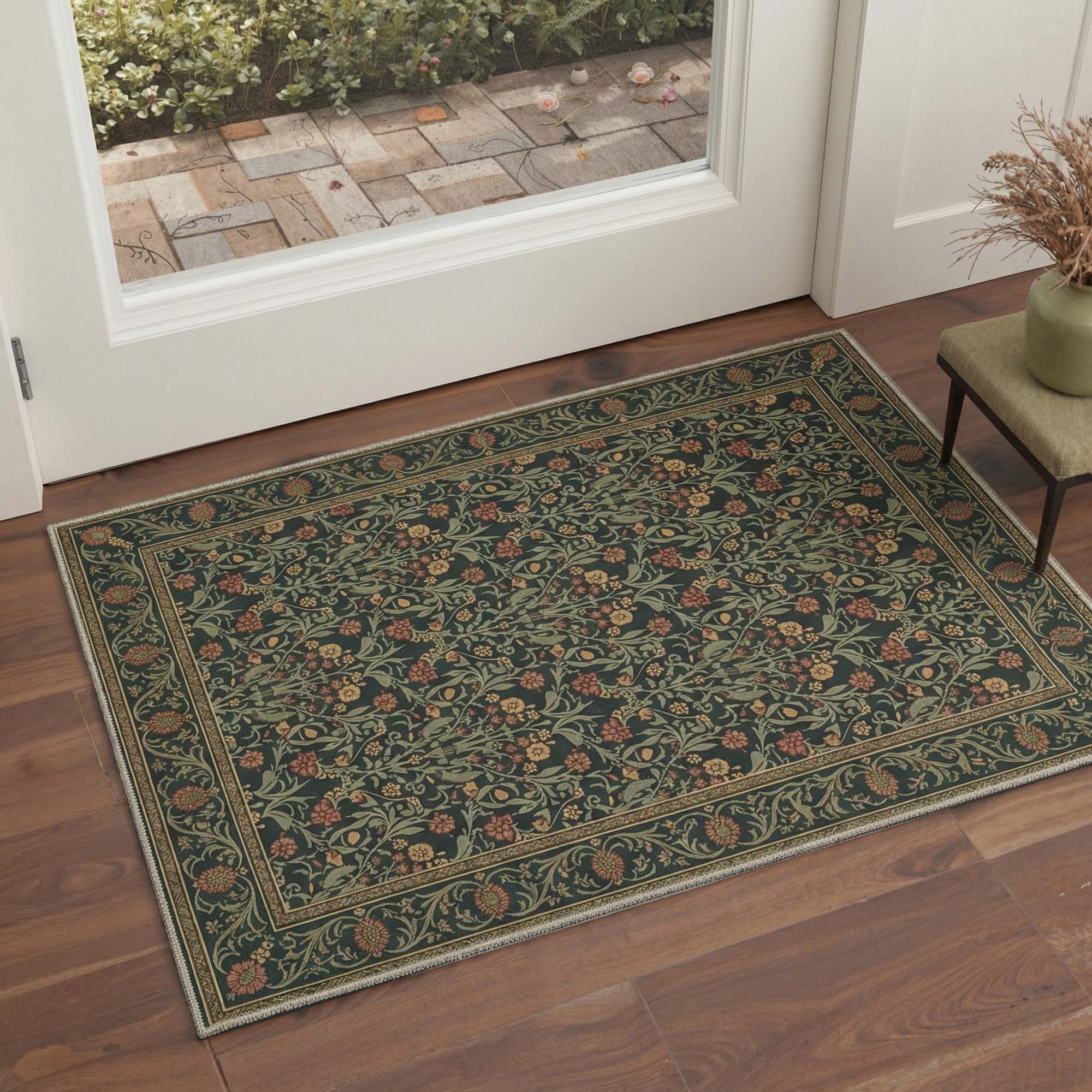 Gavina Maximalist Blossom Washable Rug in Dark Green | GENIMO