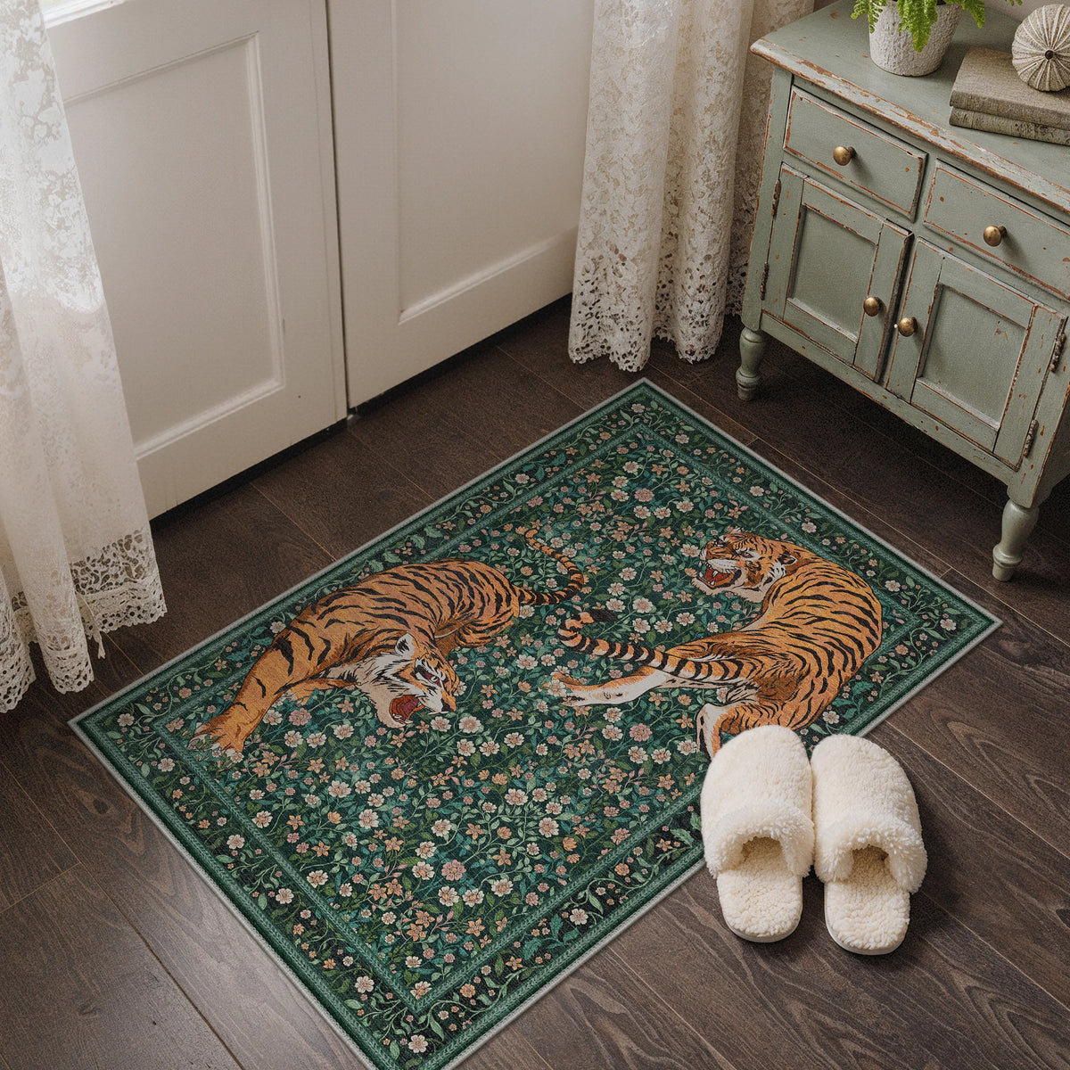 Amara Natural Wild Tiger Washable Rug in Green | GENIMO