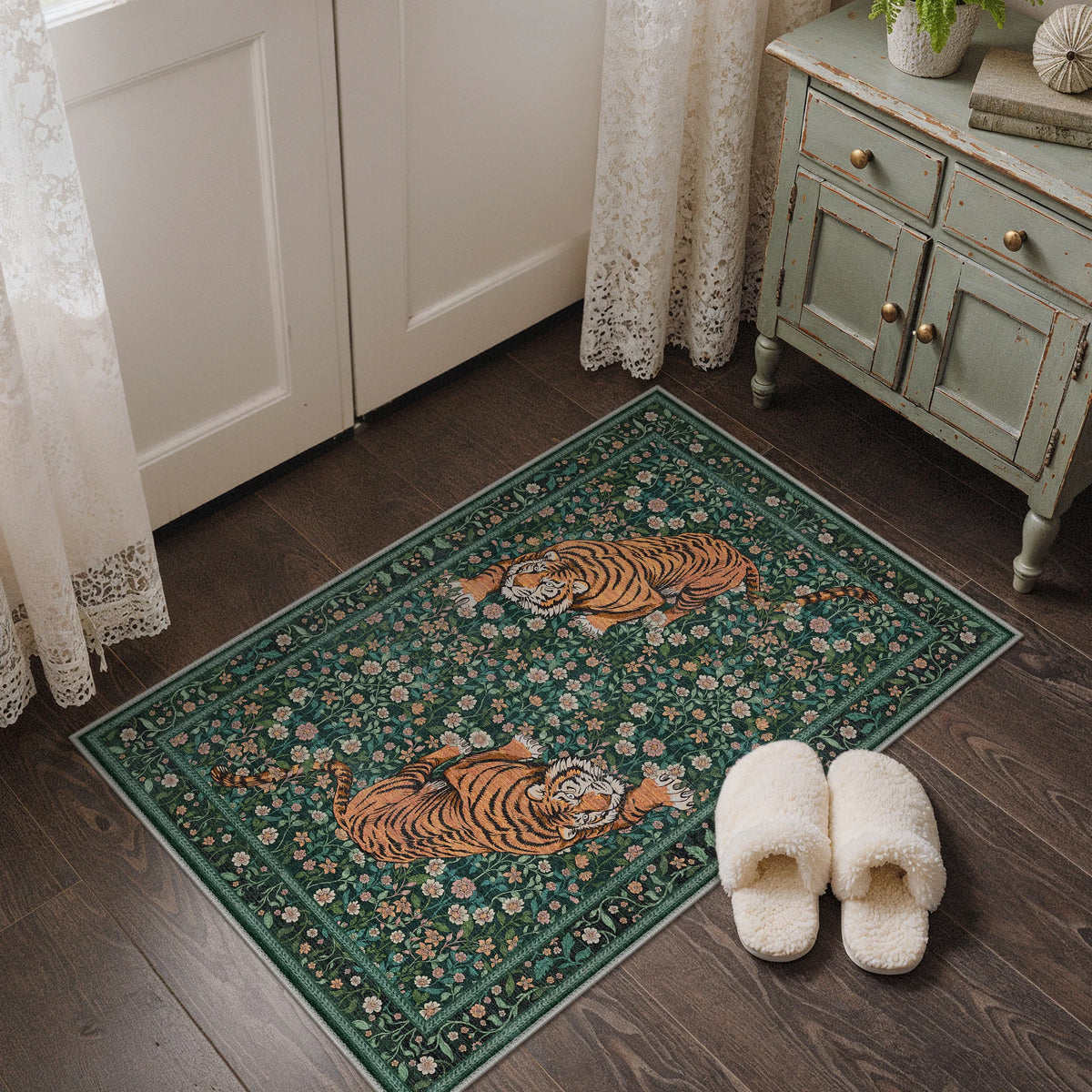 Taiga Natural Wild Tiger Rug in Green | GENIMO