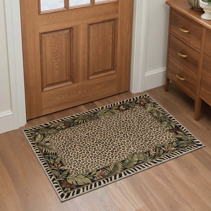 Lurex Washable Leopard Botanical Olive & Beige Rug on hardwood flooring in an entryway with leopard spots and botanical leaf