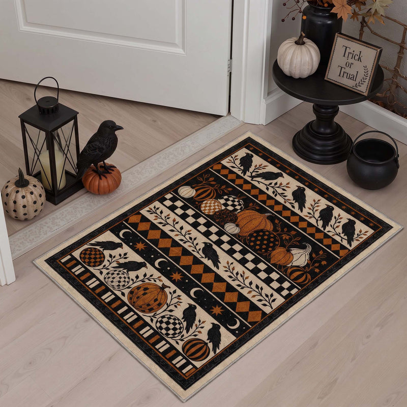 Oralis Washable Halloween Bird Black Rug on light wood flooring in entryway with white doors and Halloween decorations