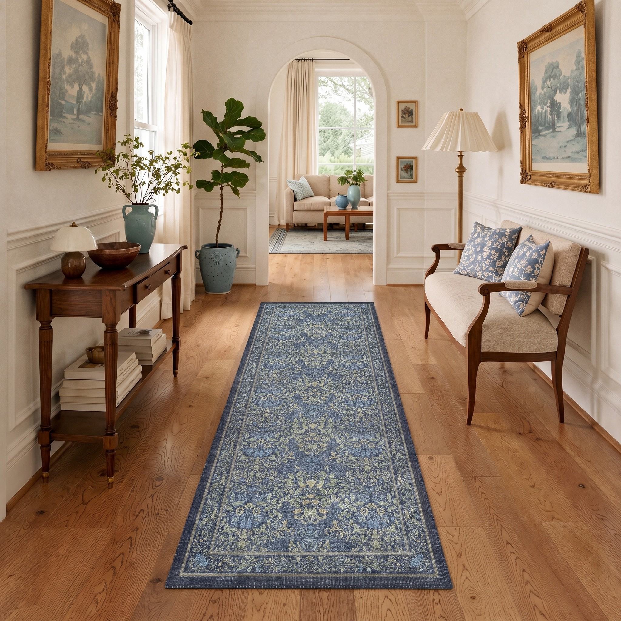 Runa Washable Vintage Floral Print Blue Green Rugs – GENIMO