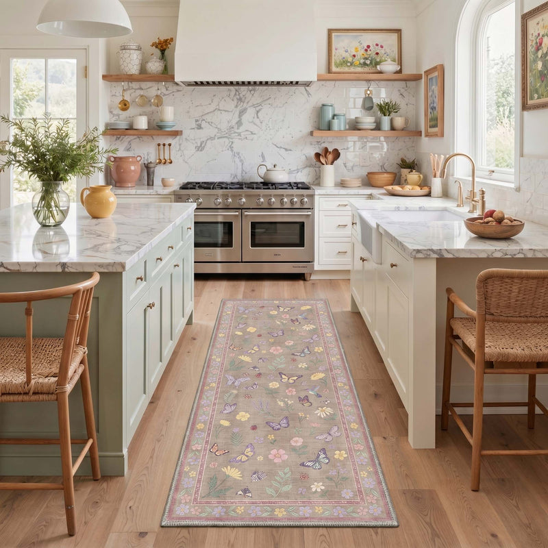 Virel Washable Butterflies Floral Tan Rug on wood kitchen flooring with tan, purple, and yellow butterflies and flowers