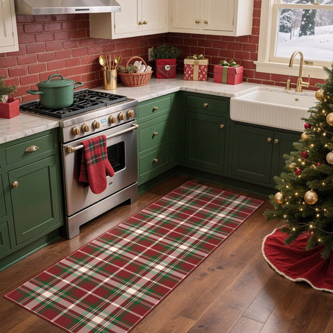 Valence Christmas Washable Classic Checkerboard Belgian Velvet Rug Green and Red