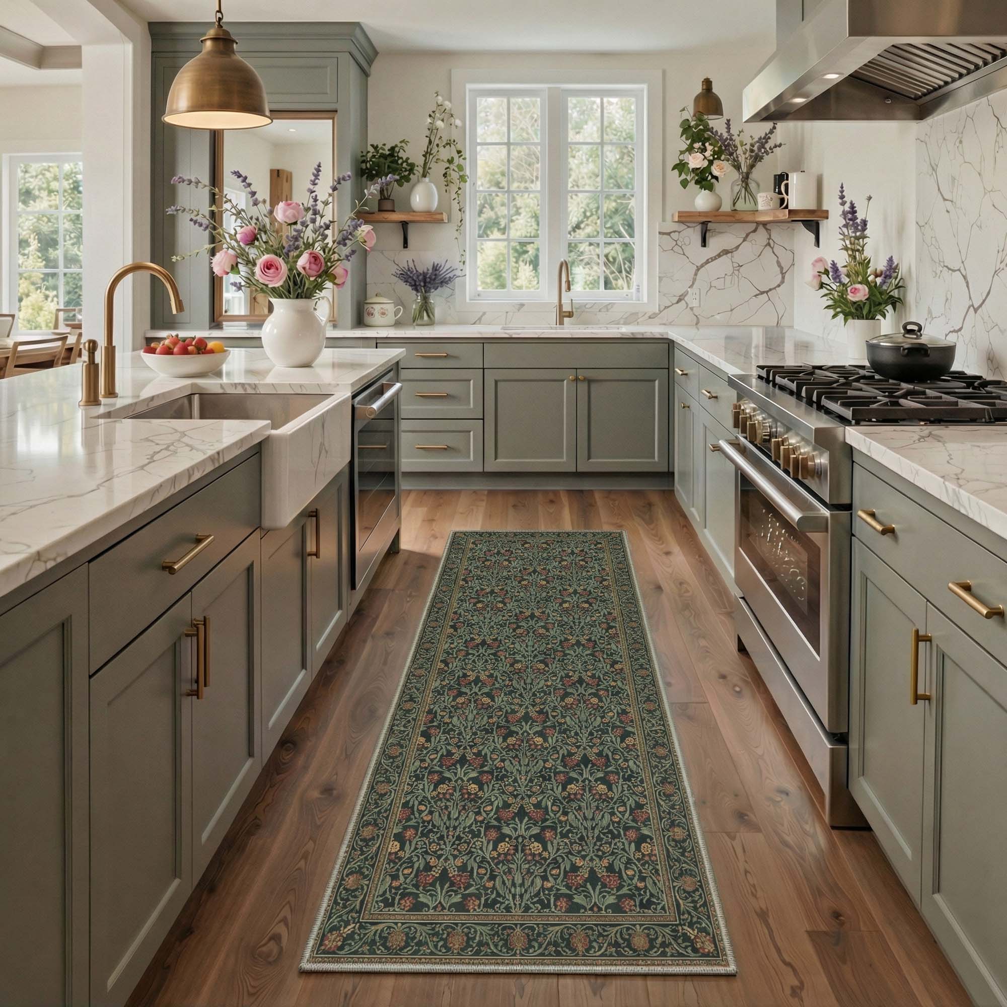 Gavina Maximalist Blossom Washable Rug in Dark Green | GENIMO