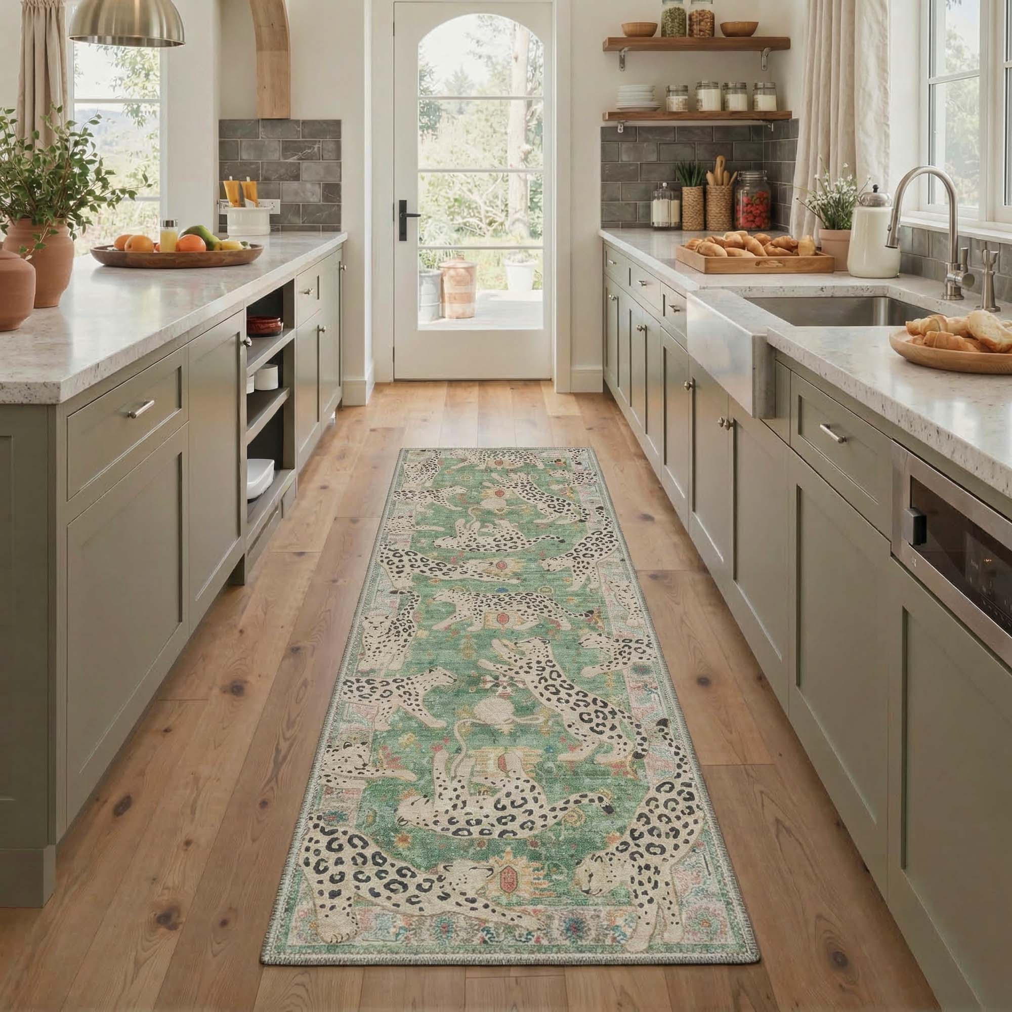 Ovela Washable Leaping Cheetah Green Rug - Leopard Indoor Area Rug
