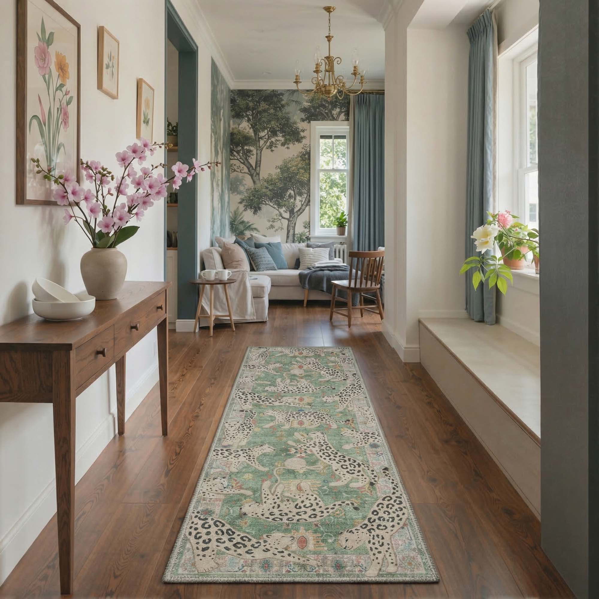 Ovela Washable Leaping Cheetah Green Rug - Leopard Indoor Area Rug