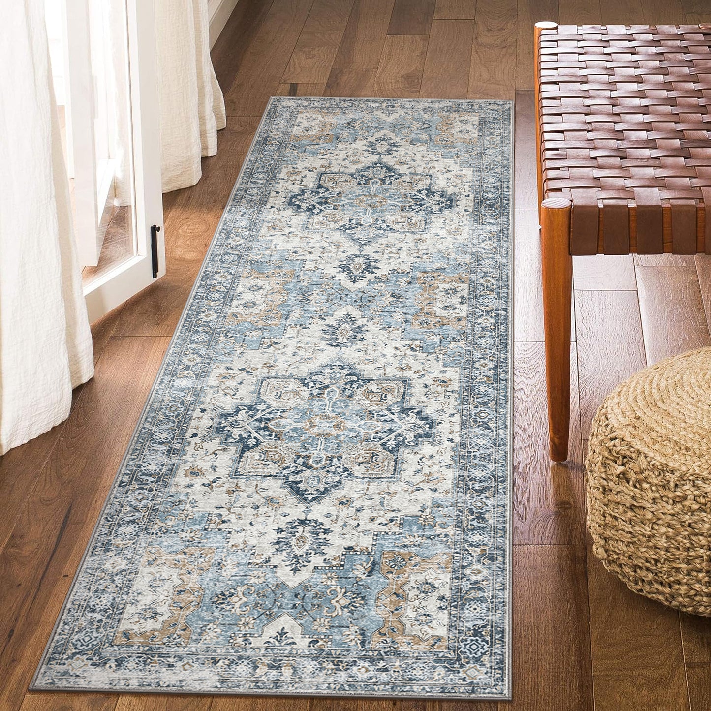 GENIMO Area Rug Machine Washable Distressed Vintage Print Blue