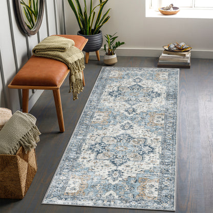 GENIMO Area Rug Machine Washable Distressed Vintage Print Blue