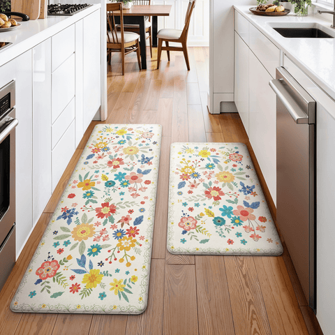 GENIMO 2Pcs Anti Fatigue Padded Kitchen Mats for Floor Floral Printed Washable Runner Rugs