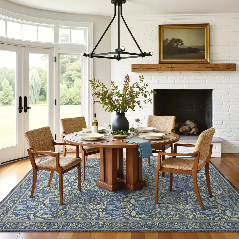 Runa Washable Vintage Floral Print Blue Rugs – GENIMO