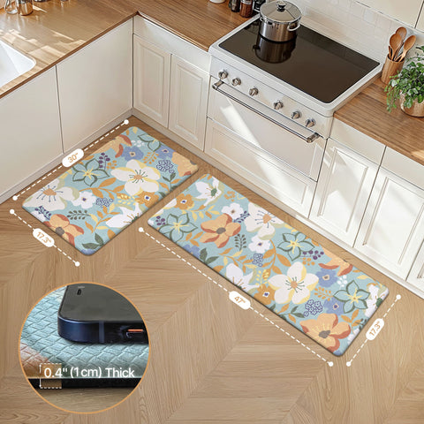 GENIMO 2Pcs Anti Fatigue Padded Kitchen Floor Mat Floral Washable Runner Rug for Sink
