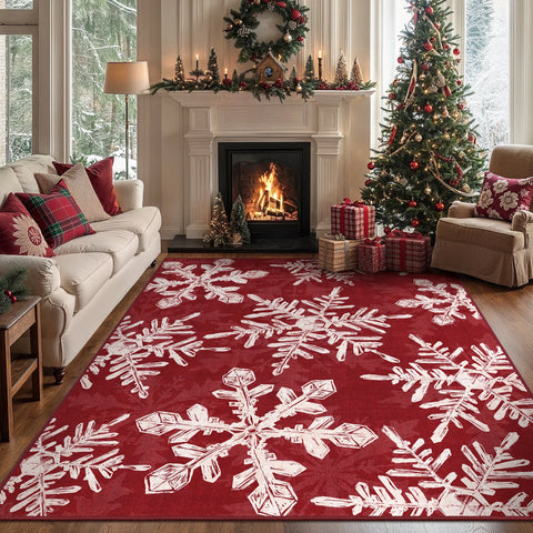 Elaria Christmas Washable Snowflake Red Belgian Velvet Rug