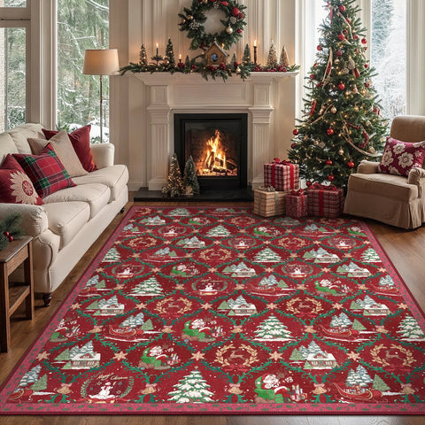 Aurora Christmas Washable Santa Sleigh and Reindeer Belgian Velvet Rug