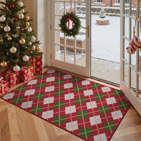 Althea Christmas Checkered Washable Belgian Velvet Rug