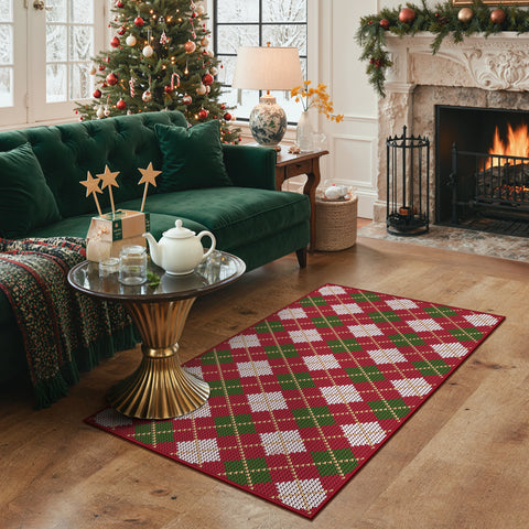 Althea Christmas Checkered Washable Belgian Velvet Rug
