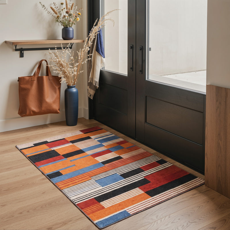 Mivra Washable Modern Geometric Color Block Multicolor Rug 3x5 placed at a welcoming front door entryway