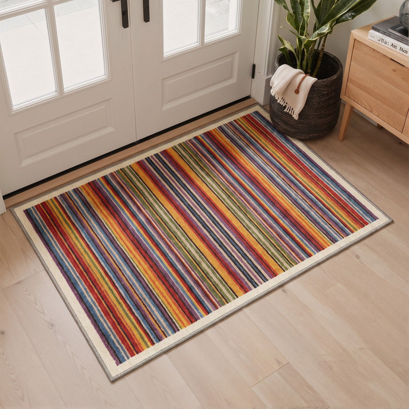 Striva Washable Modern Striped Multicolor Rug 3x5 placed at a welcoming front door entryway