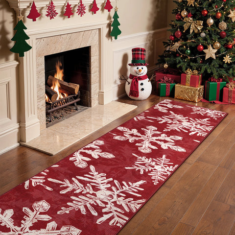 Elaria Christmas Washable Snowflake Red Belgian Velvet Rug