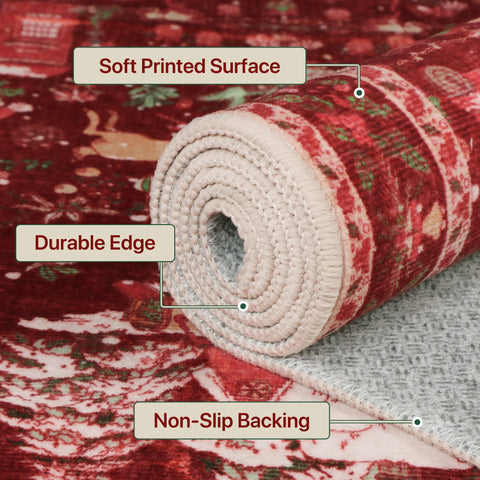 Mirrel Christmas Washable Red Rug with Winter Snow House